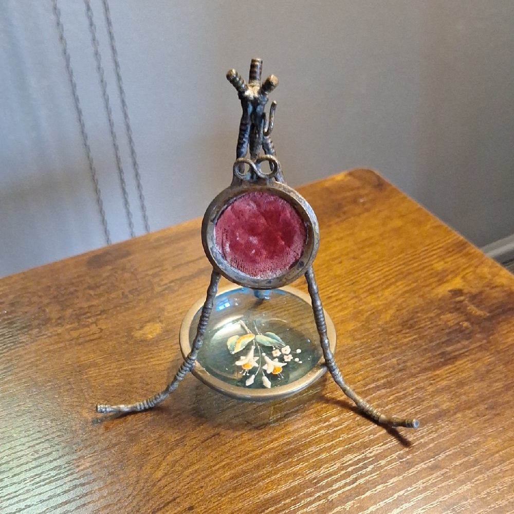 Victorian Pocket Watch Easel with Hand painted Blue Glass Chain tray